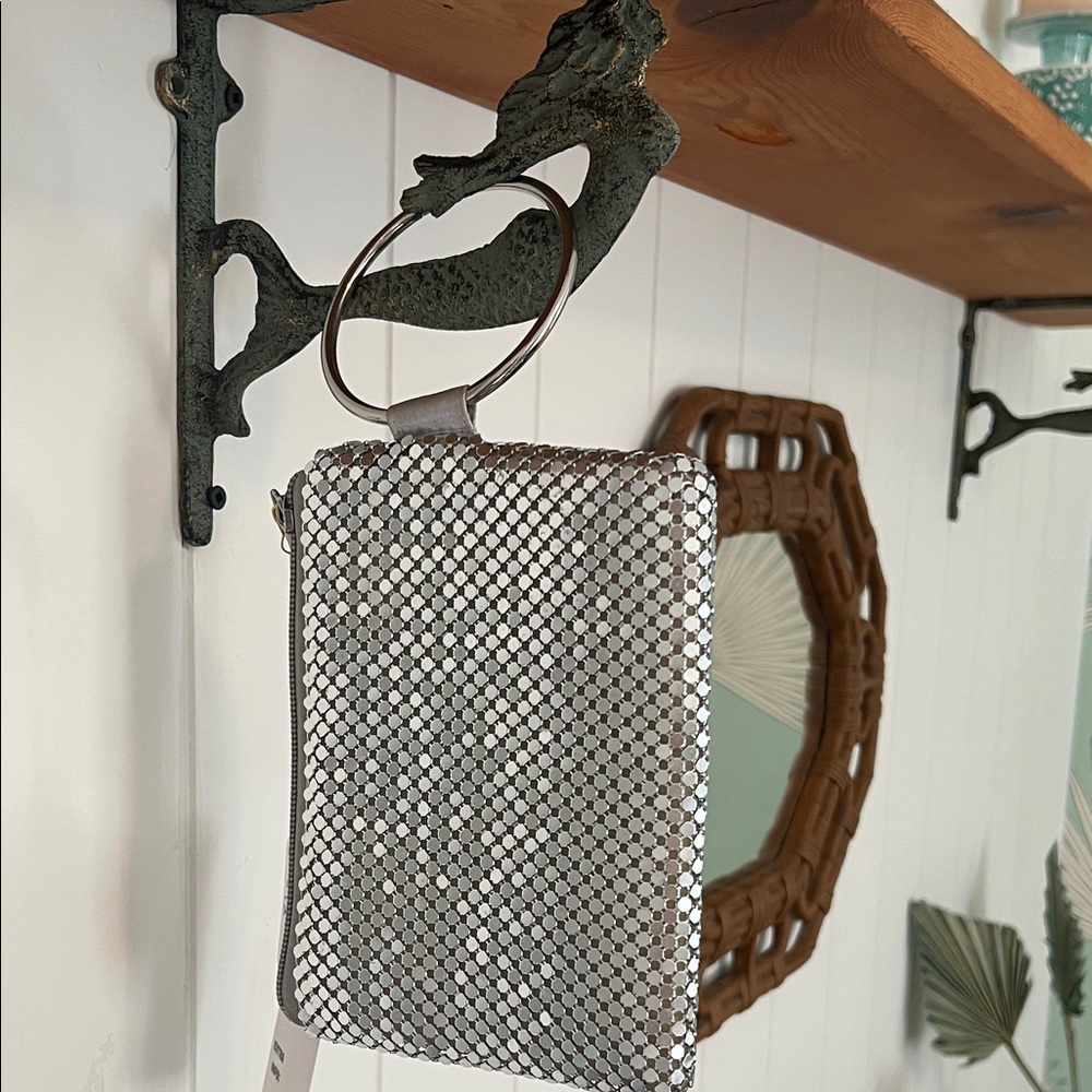 Silver Mesh Wristlet Clutch with Ring Handle